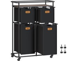 FurnStar - Wassorteerder - wasscheider met wielen - 150 liter - wasmanden - beweegbare waswagen met plank - 4 afneembare vakken - 6 etiketten - 72 x 33 x 109 cm - inktzwart-kastanjebruin