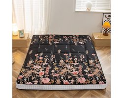 Futon matras - Japanse vloermatras - Comfortabel slapen - Extra dikke topper - Tweepersoons - Zwart met bloemen