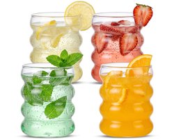 Fyndery® Matcha Glazen Set 300 ml – 4x Borosilicaat Glazen met Kuiltje – Inclusief Glazen Rietjes & Reinigingsborstels – Matcha Glazen, Koffieglazen, Theeglazen & Sapglazen