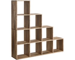 Fytura - Boekenkast & Kamerverdeler – Trapvormige Open Vakkenkast met 10 Compartimenten – 129,5x29x129,5 cm – Houten Dobbelsteenplank met Kantelbeveiliging – Moderne Opbergkast voor Woonkamer, Slaapkamer of Kantoor – Bruin