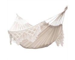 Fytura - Dubbele Hangmat met Boho Franjes – 2 Persoons – Zacht Katoen Canvas – Draagbaar & Comfortabel – Tot 180 kg - Wit