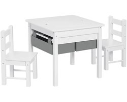 Fytura - Kindertafel met 2 Stoelen – Omkeerbaar Tafelblad met Bouwplaat & Gladde Kant – Inclusief 2 Opberglades en 2 Stoffen Mandjes – MDF Hout – Wit/Grijs – Speel- & Studietafel voor Kinderen