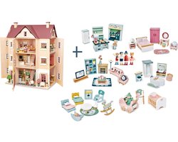 [G] Tender Leaf uniek houten poppenhuis Hall Fantail XXL 3 verdiepingen inclusief houten poppen familie woonkamer en keuken/slaapkamer/badkamer, kinderkamer en babykamer meubels plus babypop - 40 x 72 x 90 cm cm