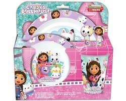 Gabby's Poppenhuis Kinderservies - 5-delig - Herbruikbaar - Inclusief bord, kom, bestek en beker - Vaatwasser- en microgolfbestendig & BPA-vrij - Wit/Paars-Roze