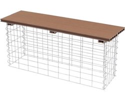 Gabionen Bank - Tuinbank Steen - Buiten Zitten - WPC Houtlook Zitting - 100 cm Lang - Lichtbruin