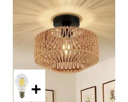 Gabrys® Hangende rotan plafondlamp - natuurlijke bamboe plafondkroonluchter - boho stijl met vintage bamboe lampenkap - hangend gemaakte lamp - modern home decor voor woonkamer, slaapkamer, keuken en gang - inclusief lampje