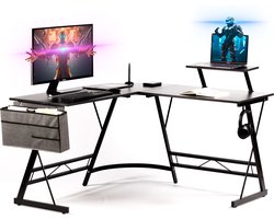 Gadgy Gaming Bureau Carbon PRO - Game HoekBureau 130 CM Breed - Game Bureau met Carbon Details - Gaming Desk met Koptelefoonhouder, Scherm Verhoging & Opbergmand - Zwart Carbon