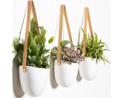 Gadgy Plantenhanger Keramiek - Set van 3 - Hangpot van Wit Steen - Hangende Bloempot Plantenpot - met 3 verschillende Koorden - 12x11x9.5CM