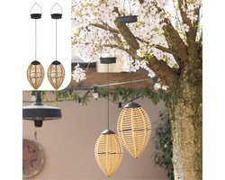 Gadgy Solar Hanglampen Buiten – Set van 2 – Rattan Look – LED Solar Tuinverlichting – Warm Licht – Spatwaterdicht – Zonne-energie – Hanglamp Tuin Decoratie