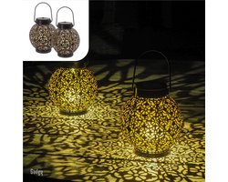 Gadgy Solar Lantaarn Rond - Tafellamp Set van 2 - Solar Tuinverlichting op Zonneenergie - Led Buitenverlichting met dag/nacht Sensor - Hanglamp - Tuinlantaarn Metaal - 15.5xØ13.5CM - Zwart