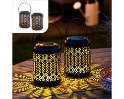 Gadgy Solar Lantaarn Set Pauw van 2 – Tafellamp op Zonne energie – LED Buitenverlichting – Solar Tuinlantaarns met Sensor – Sfeerverlichting voor Tuin, Balkon & Terras – Zwart/Goud Metaal
