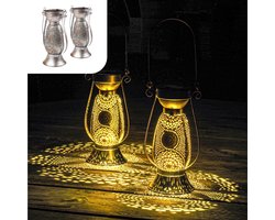 Gadgy Solar Tafellamp Petroleum - Olielamp Tuinlantaarn Set van 2 - Solar Tuinverlichting op Zonneenergie - Led Buitenverlichting met dag/nacht Sensor - Hanglamp - 21 x Ø11.5 cm - Metaal