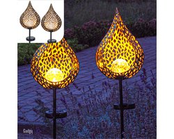 Gadgy Solar Tuinfakkel Druppel met Grondspies - Solar Tuinverlichting Set van 2 st. - Tuinsteker 90CM Hoog - Tuinverlichting op Zonneenergie Buiten - Led Buitenverlichting met Sensor - Tuinlantaarn - Koperkleurig Metaal