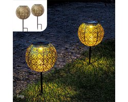 Gadgy Solar Tuinpad met Grondspies - Solar Tuinverlichting set van 2 st. - Tuinfakkel 34CM Hoog - Tuinverlichting op Zonneenergie Buiten - Led Buitenverlichting met Sensor - Tuinsteker - Brons kleurig Metaal