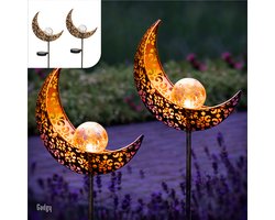 Gadgy Solar Tuinverlichting - Maan Lamp met grondspies - Tuinverlichting op zonneenergie Buiten - Set van 2 st. - Led Buitenverlichting met Sensor - Tuinlantaarn - Tuinfakkel 88 cm hoog - Tuinsteker - Brons - Metaal