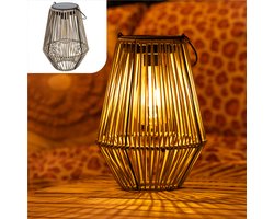 Gadgy Solar Tuinverlichting Rattan Beige - Tuinverlichting op Zonne Energie - Solar Tafellamp met USB-aansluiting - Buitenlamp Tuinbeeld - Tuinlantaarn met Dag/Nacht Sensor - Verlichting voor Buiten - Lantaarn Tuin