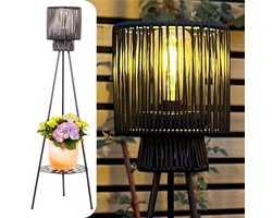 Gadgy Solar Tuinverlichting Staande Lamp Terras - Buitenlamp Zonne Energie Balkon & Tuin - Driepoot Tuinlamp Led Buiten met USB-aansluiting - Lantaarn voor Buiten Verlichting - Zwart Rattan