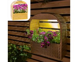 Gadgy Solar Wandlamp met Uitneembare Bloembak – Tuinverlichting op Zonneenergie – Warm Wit LED – 30x25 cm – Goud Metaal