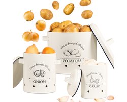 Gadgy Voorraadpotten Set: Aardappelpot en Uienpot en Knoflookpot – 3 Voorraadbussen met Deksel – Aardappelbak - Bewaardoos - Voorraadblikken - Geëmailleerd RVS