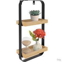 Gadgy Wandplank Metaal Hout Zwart - Wandbox met 2 houten plankjes - Wandrek - Wanddecoratie Industrieel - Muurdecoratie - 50x24 cm