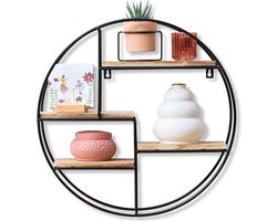 Gadgy Wandrek Industrieel - Rond met 4 Wandplanken Hout - Muurdecoratie Woonkamer - Industriële Woonaccessoires Voor Aan De Muur- Metaal Zwart - Ø 42x10 cm