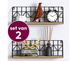 Gadgy Wandrekken Industrieel - Set van 2 - Wandrek Zwart met Hout - Wanddecoratie Woonkamer - Muurdecoratie Metaal - Wandplank zwevend voor Slaapkamer - Boekenrek – 45 cm