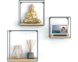 Gadgy Wandrekken Industrieel - Set van 3 - Vierkant Wandrek Zwart - Wanddecoratie Woonkamer - Muurdecoratie Hout - Wandplank zwevend voor Slaapkamer - 32, 27 en 22 cm