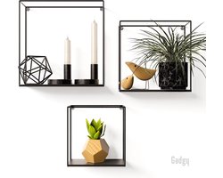 Gadgy Wandrekken Industrieel - Set van 3 - Vierkant Wandrek Zwart - Wanddecoratie Woonkamer - Muurdecoratie Metaal - Wandplank zwevend voor Slaapkamer - 32, 27 en 22 cm