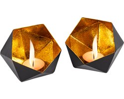 Gadgy Waxinelichthouder Diamant - Theelichthouders Set van 2 - Decoratie Woonkamer - Sfeerverlichting Binnen - Kaarsenhouders voor Waxinelichten 10x9 cm - Windlicht Metaal - Zwart/Goud - Cadeau voor Vrouw - Moederdag Cadeautje
