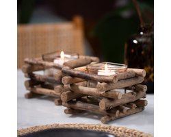 Gadgy Waxinelichthouder Drijfhout - Theelichthouder Set van 2 - Decoratie Woonkamer - Windlicht ook voor kaarsjes - Verlichting 15x15 CM - Valentijn Cadeautje voor Haar