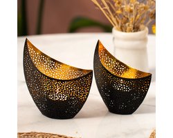 Gadgy Waxinelichthouder Oosters - Theelichthouders Raam of Woonkamer - Set van 2 - Decoratie voor Binnen 16&14.5CM - Kaarsenhouders voor Waxinelichten - Metaal Zwart / Goud - Cadeautje voor Haar