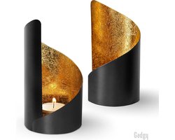 Gadgy Waxinelichthouder Twist - Theelichthouders Set van 2 - Decoratie Woonkamer - Sfeerverlichting Binnen - Kaarsenhouders voor Waxinelichten 16 x Ø 8.5 CM - Windlicht Metaal - Zwart / Goud - Cadeau voor Vrouw