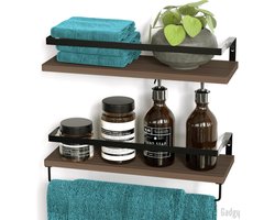 Gadgy Zwevende Wandplank 2 Stuks - Wandrek Industrieel met Handdoekhouder - Hout & Metaal - 41CM Breed - Bruin / Zwart