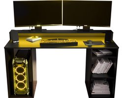 Game Bureau Gaming Desk met LED Verlichting Tafel Computer Bureau - (LxHxP): 50x90x138 cm - SHOT 1 (Zwart + Gele LED)