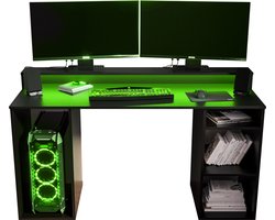 Game Bureau Gaming Desk met LED Verlichting Tafel Computer Bureau - (LxHxP): 50x90x138 cm - SHOT 1 (Zwart + Groene LED)