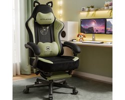 Game-stoel met fluweel stof, Game-stoel, ergonomische Bureau-stoel Gamer-stoel met kattenoren, Memory Foam en voetensteun, 150kg, Groen
