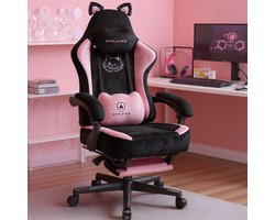 Game-stoel met fluweel stof, Game-stoel, ergonomische Bureau-stoel Gamer-stoel met kattenoren, Memory Foam en voetensteun, 150kg, Roze