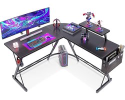 Gamebureau – L Vormig Hoekbureau – Gaming Desk – Computertafel – Waterproof & Krasbestendig Gaming Bureau – 130x130x96,5 cm – Game Tafel met Monitorstandaard – Eikenhout Bureaublad – Verstelbaar Werktafel – Zwart