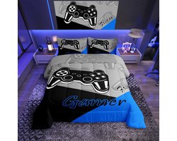 Gamer Dekbedovertrek Eenpersoons Blauw met Kussensloop - Beddengoed met Gamecontroller Print