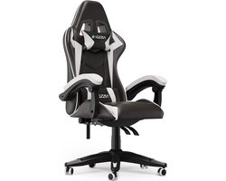 Gamerstoel - Ergonomische gamestoel - Gamerstoel met hoofdsteun en lendenkussen - 90°-135° kantelbaar - Zwart en wit