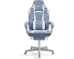 Gamestoel met voetsteun - ergonomisch bureaustoel uitschuifbare voetensteun - bureaustoel hoofdkussen - lendenkussen- in hoogte verstelbaar - kantelbare rugleuning - tot 150 kg belastbaar -zeeblauw-crèmewit