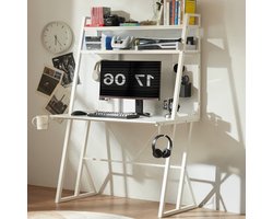 Gaming Bureau – Computer Bureau – Werkplek Bureau – Gaming Tafel – Wit – Compact 100x55 cm – Carbon Fiber Oppervlak – Hoge Plank Met Bekerhouder En Headphone Haak