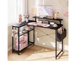 Gaming bureau – Computertafel – Werkbureau – PC bureau – Gaming desk zwart roze – Verhoogde monitorplank – Ingebouwde stopcontacten