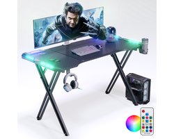 Gaming bureau ergonomisch bureau gaming met led zwarte tafel gaming pc-tafel met koolstofvezel coating met bekerhouder en hoofdtelefoonhaak 120 x 60 x 73 cm x poten