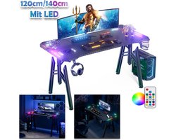 Gaming bureau ergonomisch bureau gaming met led zwarte tafel gaming pc-tafel met koolstofvezel coating met bekerhouder en hoofdtelefoonhaak 120 x 60 x 73 cm M poten