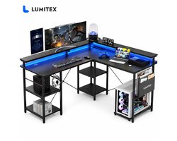 Gaming Bureau L-Vormig 140x140 cm - RGB LED - 3 Stopcontacten - USB & USB-C - Monitorstandaard - Zwart- Lumitex