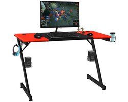 Gaming Bureau met Bekerhouder, Hoofdtelefoonhaak en Audiostandaards – Koolstofvezel Oppervlak – 120x60x76 cm – Zwart/Rood