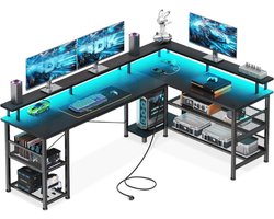 Gaming Bureau Met LED - Omkeerbaar Hoekbureau Met 2 Stopcontacten En 2 USB Poorten - Groot Gamingbureau Met Netplank - Zwart - 168 × 120 Cm