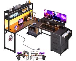 Gaming Bureau met LED Verlichting - 148x100x148 cm - L-Vormig Hoekbureau met Stopcontact - 3 Non Woven Lade - Gaming Desk - Computer Tafel - Gaming Tafel - met Opbergplanken, Tas & IJzeren Haak - Zwart - Bureau voor Gamen, Studeren en Werken