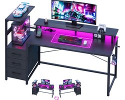 Gaming Bureau met LED Verlichting - 150L x 115H x50B cm - Hoekbureau met Stopcontact - 3 Non Woven Lade - Gaming Desk - Computer Tafel - Gaming Tafel - met Opbergplanken & IJzeren Haak - Zwart - Bureau voor Gamen, Studeren en Werken